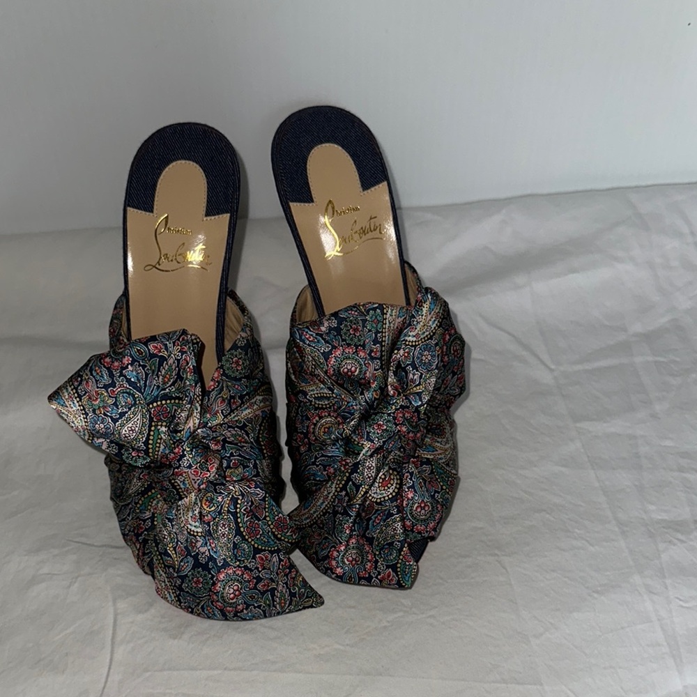 Christian Louboutin Denim Pasley Mules with Ornate Design